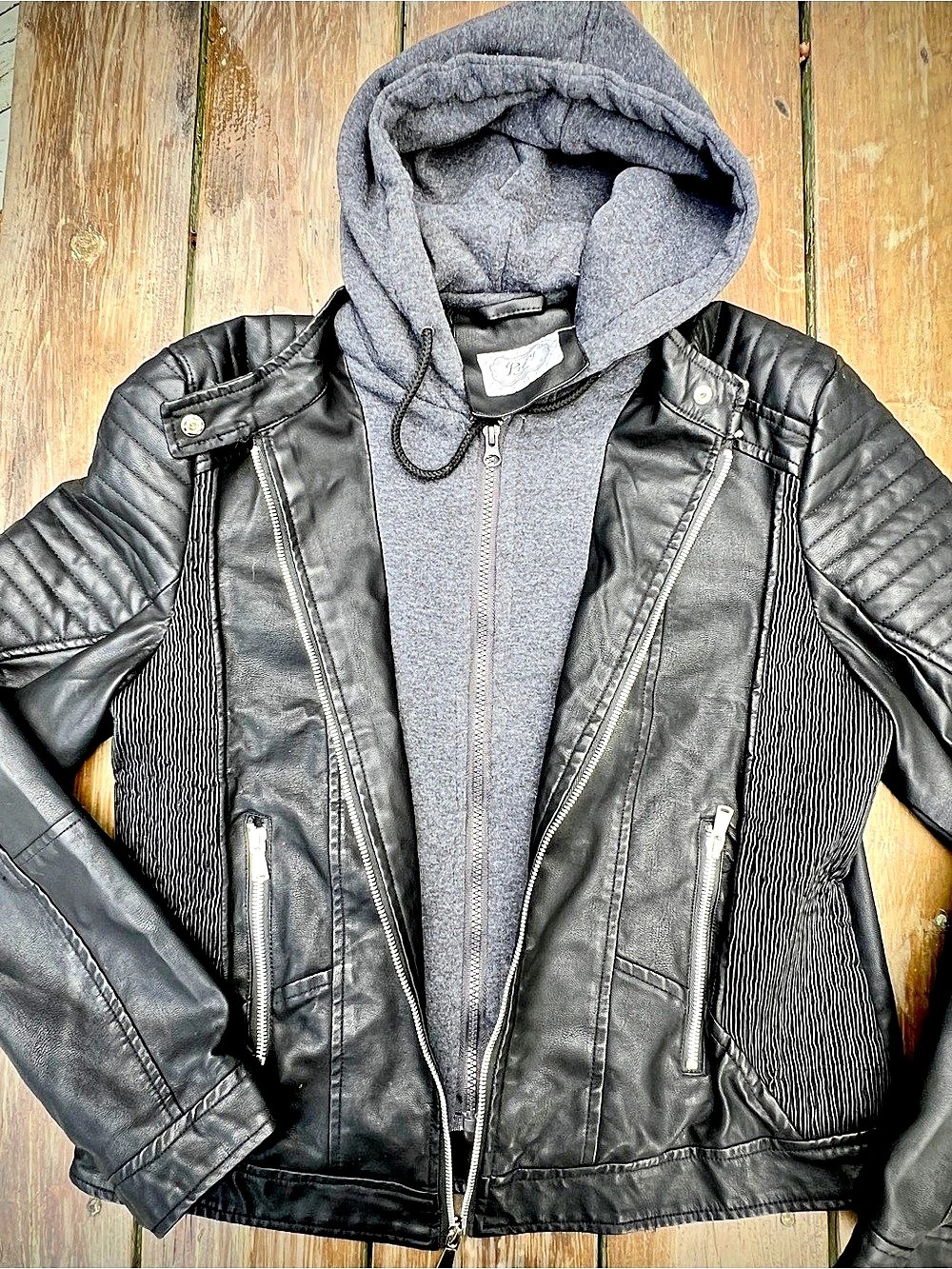Proxy Black Faux Leather Moto Jacket with Grey Hood – Size Large